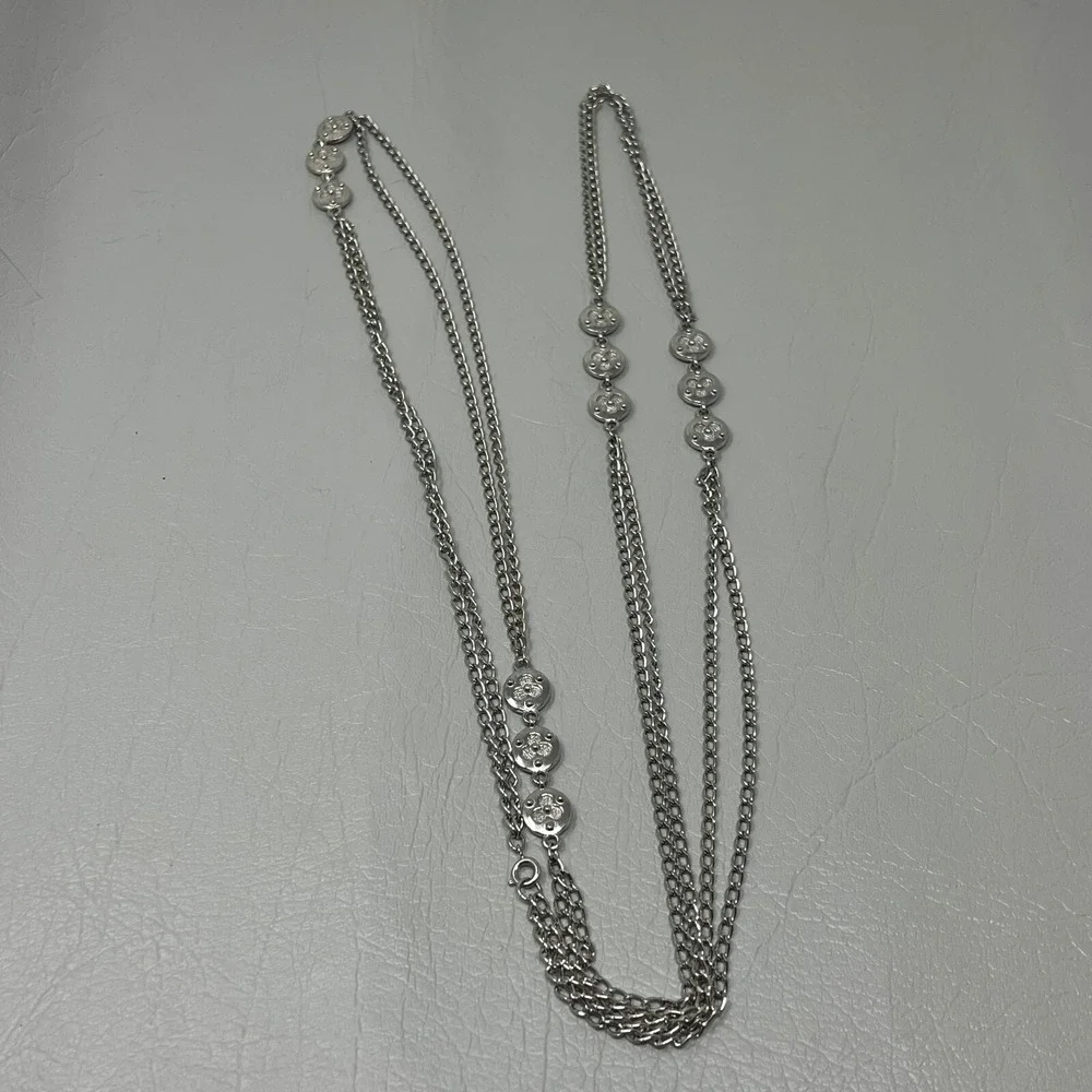 Vintage Silver Tone Chain Necklace Beaded Stations 56 inches‎